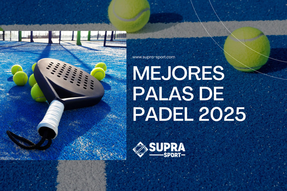 Pala de pádel sobre pista azul con pelotas y texto Mejores Palas de Pádel 2025 de Supra Sport