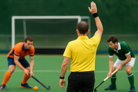 Arbitro de hockey sobre hierba marcando una falta